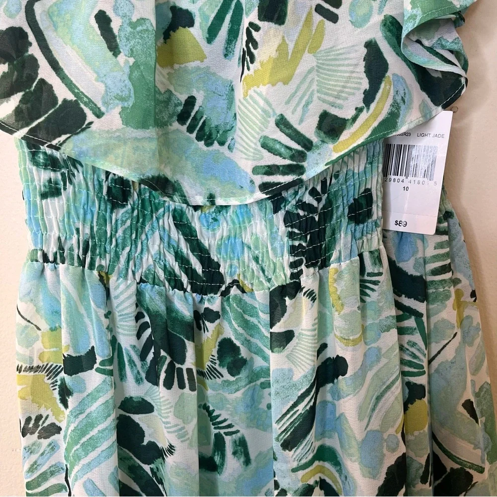 Rabbit Designs Tropical Off the Shoulder Smocked Waist Tiered Maxi Dress Sz 10